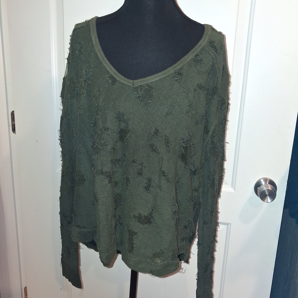 Free People Olive Distressed Long Sleeve Top
